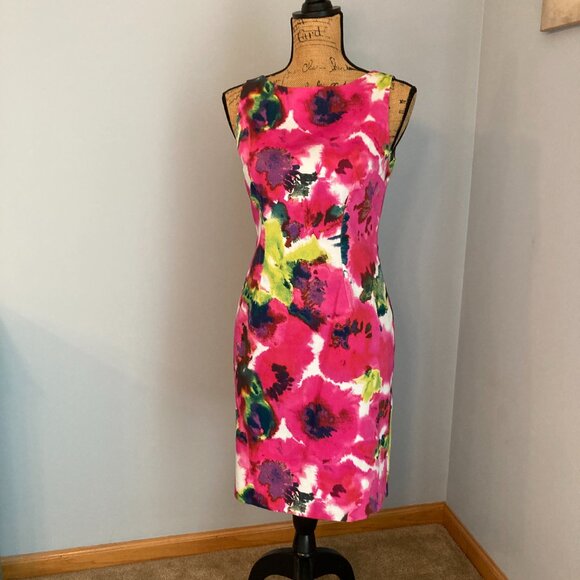Ann Taylor Petite 6P Pink Floral Midi Shift Dress - Picture 1 of 6